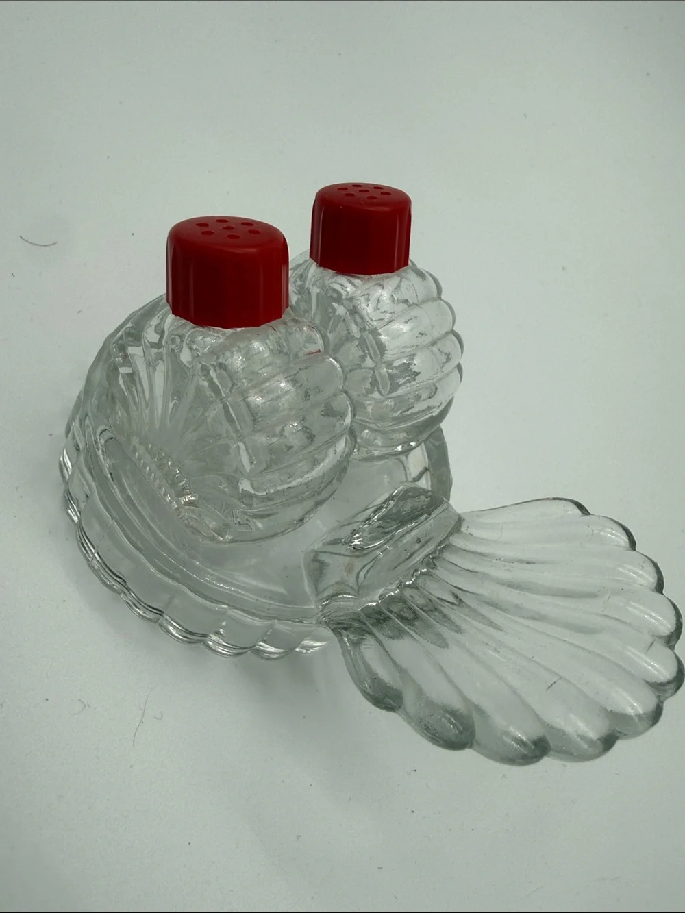 Vintage Glass Shell Salt & Pepper Shakers Condiment Set Red Tops
